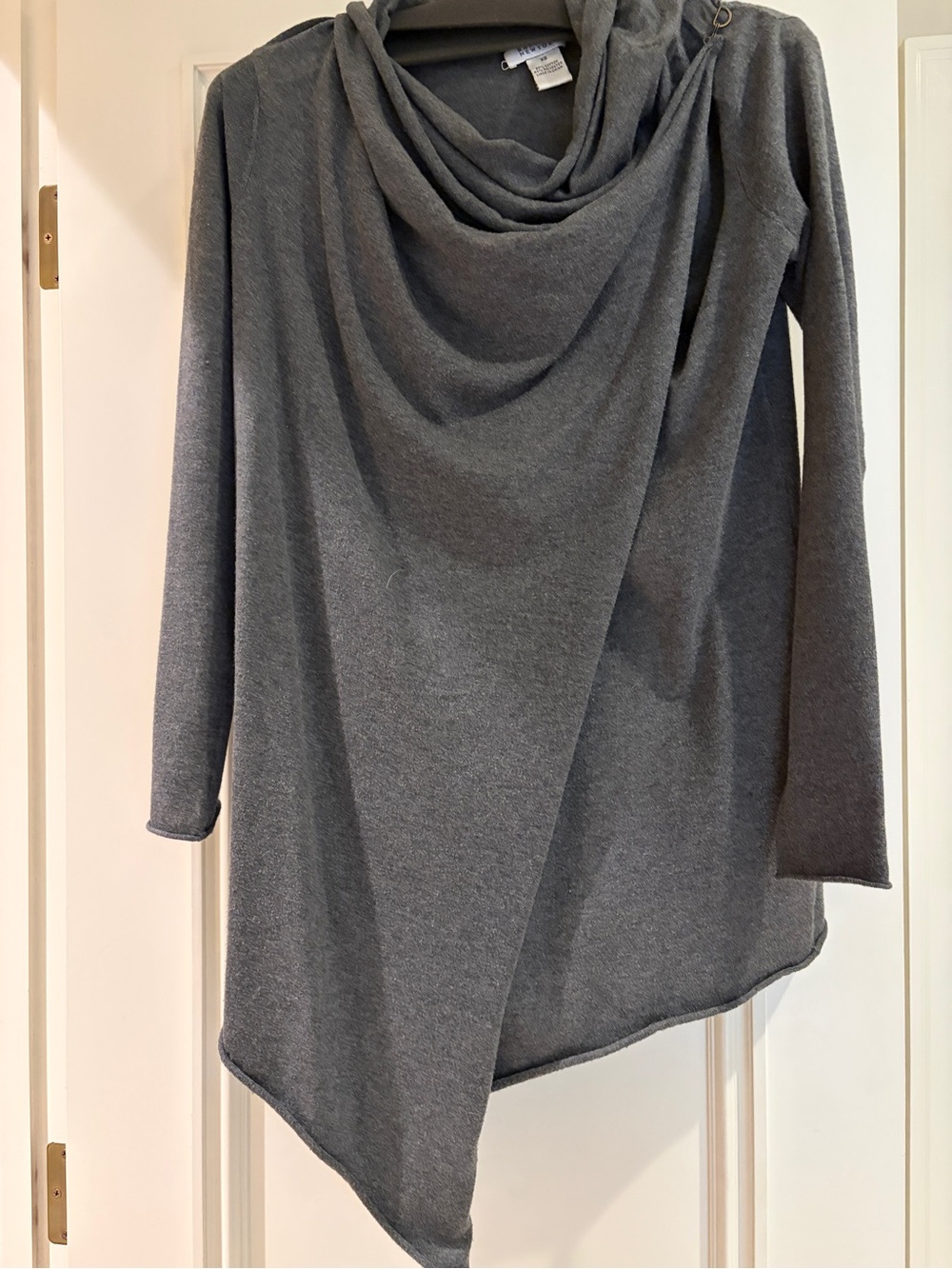 Barney’s New York Women’s Asymmetrical Gray Drape Neck light Sweater Jacket